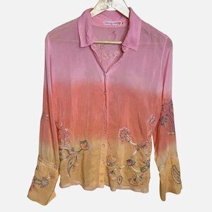 JOHNNY WAS Ombre Embroidered Blouse S/M Boho Luxe Artisanal Floral Festival Top